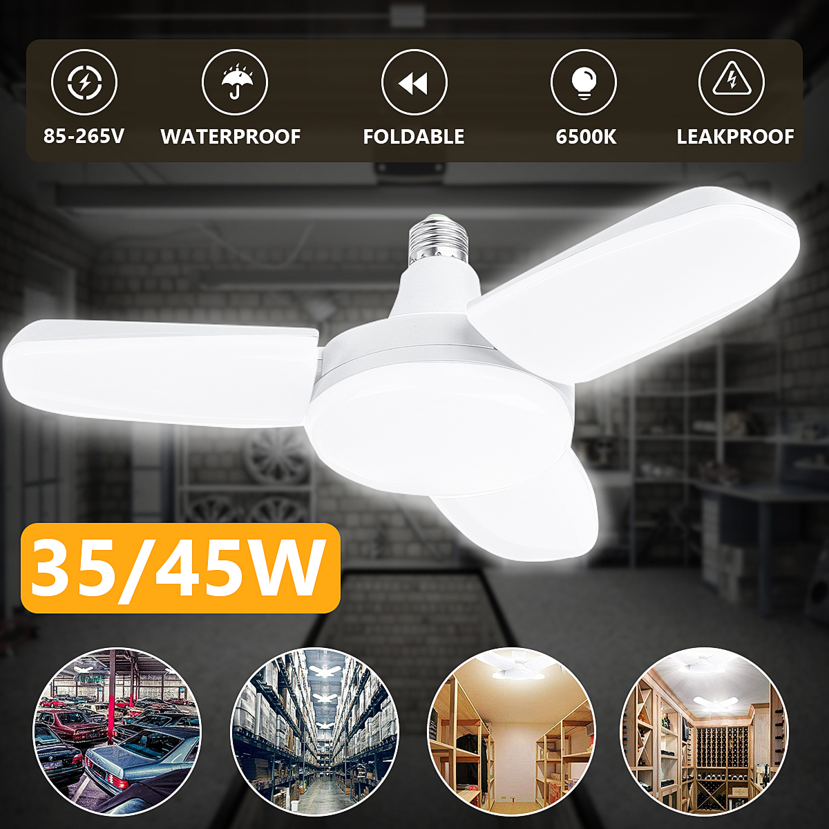 AC85-265V-35W45W-E27-Deformable-LED-Garage-Light-Foldable-Fan-Three-Blade-Ceiling-Workshop-Lamp-Bulb-1696862-1