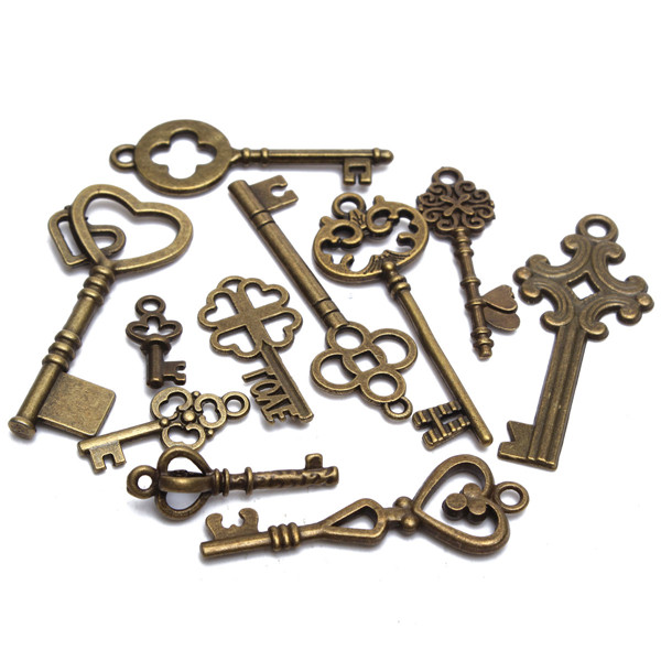11Pcs-Antique-Vintage-Old-Look-Skeleton-Key-Set-Pendant-Heart-Bow-Steampunk-Lock-986760-2