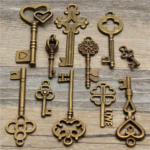 11Pcs-Antique-Vintage-Old-Look-Skeleton-Key-Set-Pendant-Heart-Bow-Steampunk-Lock-986760-3