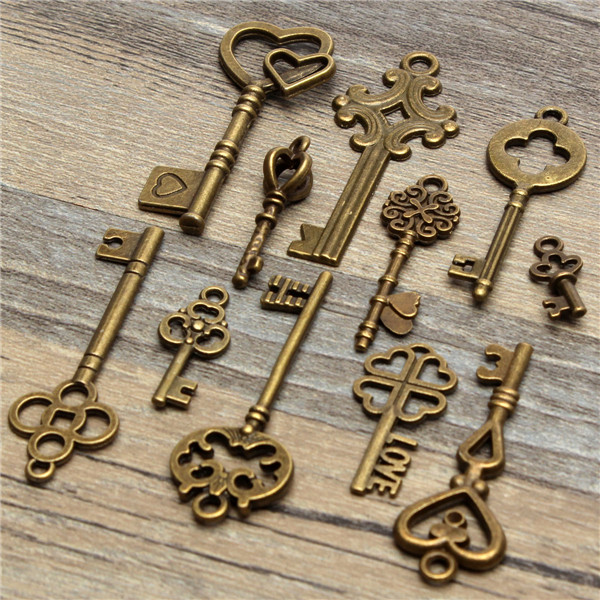 11Pcs-Antique-Vintage-Old-Look-Skeleton-Key-Set-Pendant-Heart-Bow-Steampunk-Lock-986760-4