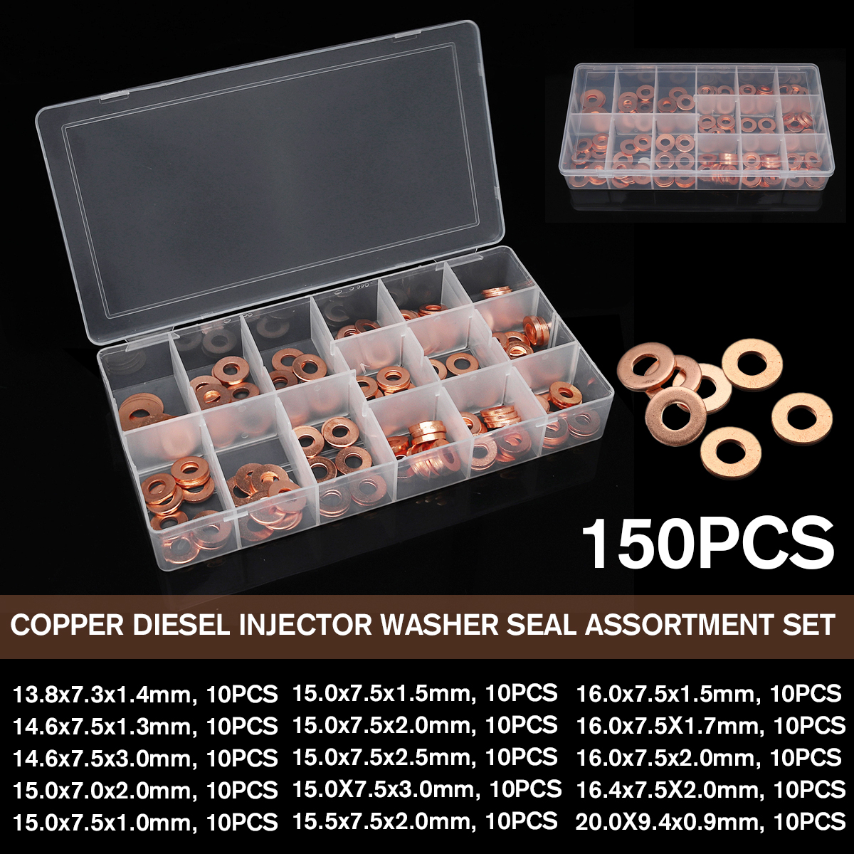 150pcs-Copper-Diesel-Injector-Washer-Seal-Assortment-Set-Fuel-Injector-Seal-Ring-1601467-1