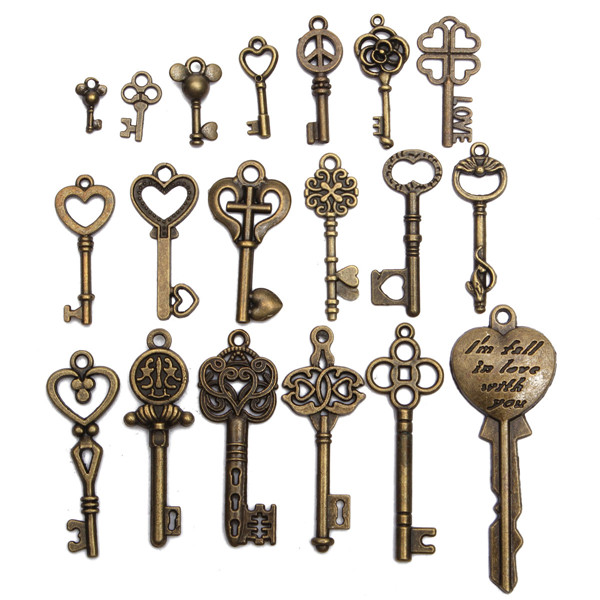 19Pcs-Antique-Vintage-Old-Look-Skeleton-Key-Set-Lot-Pendant-Heart-Bow-Lock-Steampunk-Jewel-986824-1