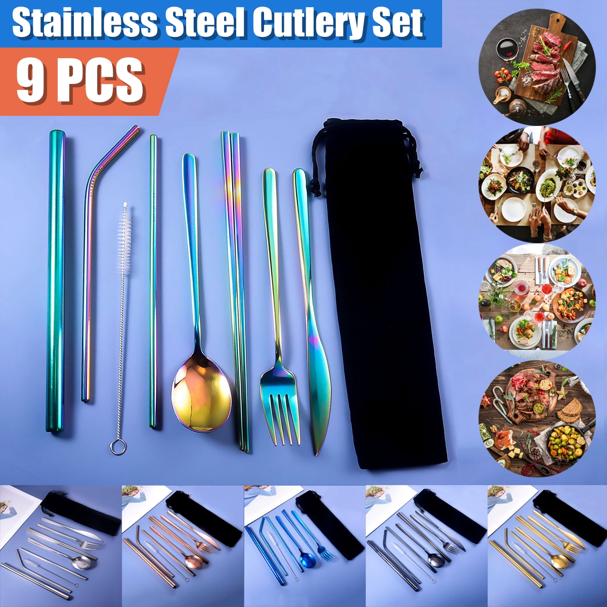9pcs-Titanium-Plated-304-Stainless-Steel-Cutlery-Set-Knife-Fork-Spoon-Chopsticks-Straw-Set-1721637-1