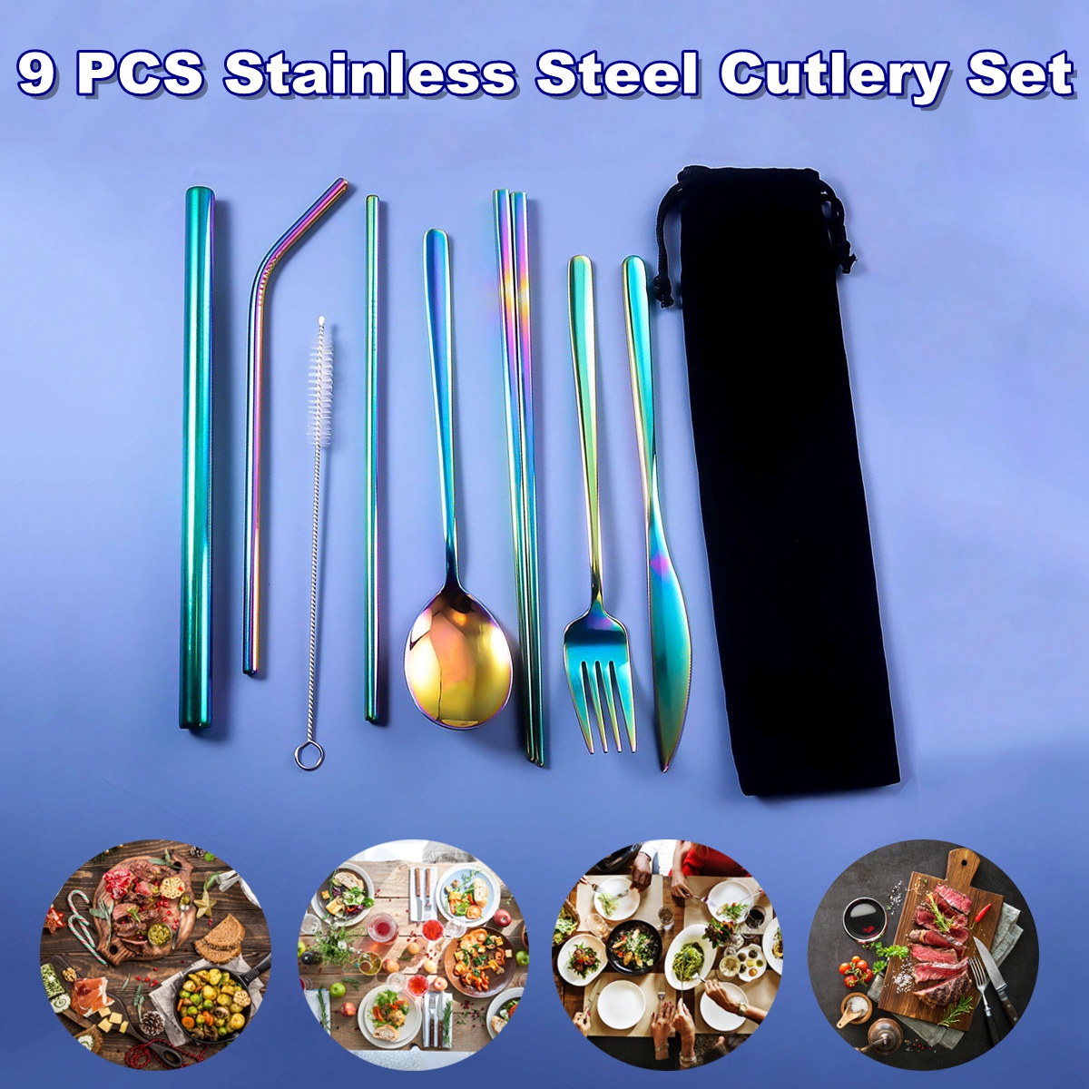 9pcs-Titanium-Plated-304-Stainless-Steel-Cutlery-Set-Knife-Fork-Spoon-Chopsticks-Straw-Set-1721637-2