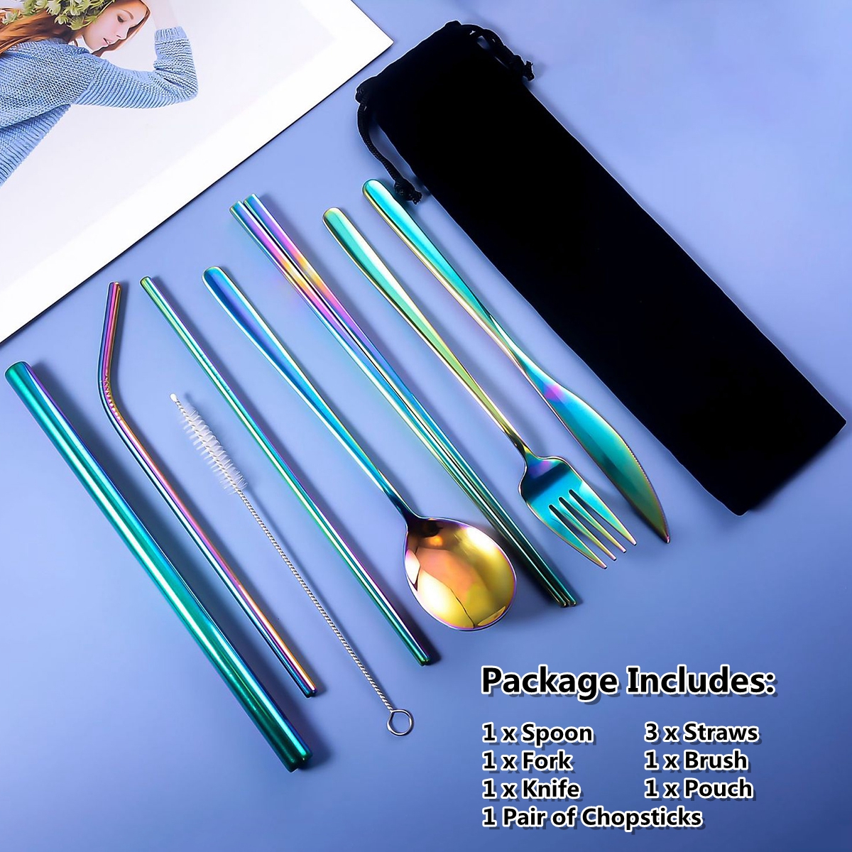 9pcs-Titanium-Plated-304-Stainless-Steel-Cutlery-Set-Knife-Fork-Spoon-Chopsticks-Straw-Set-1721637-8