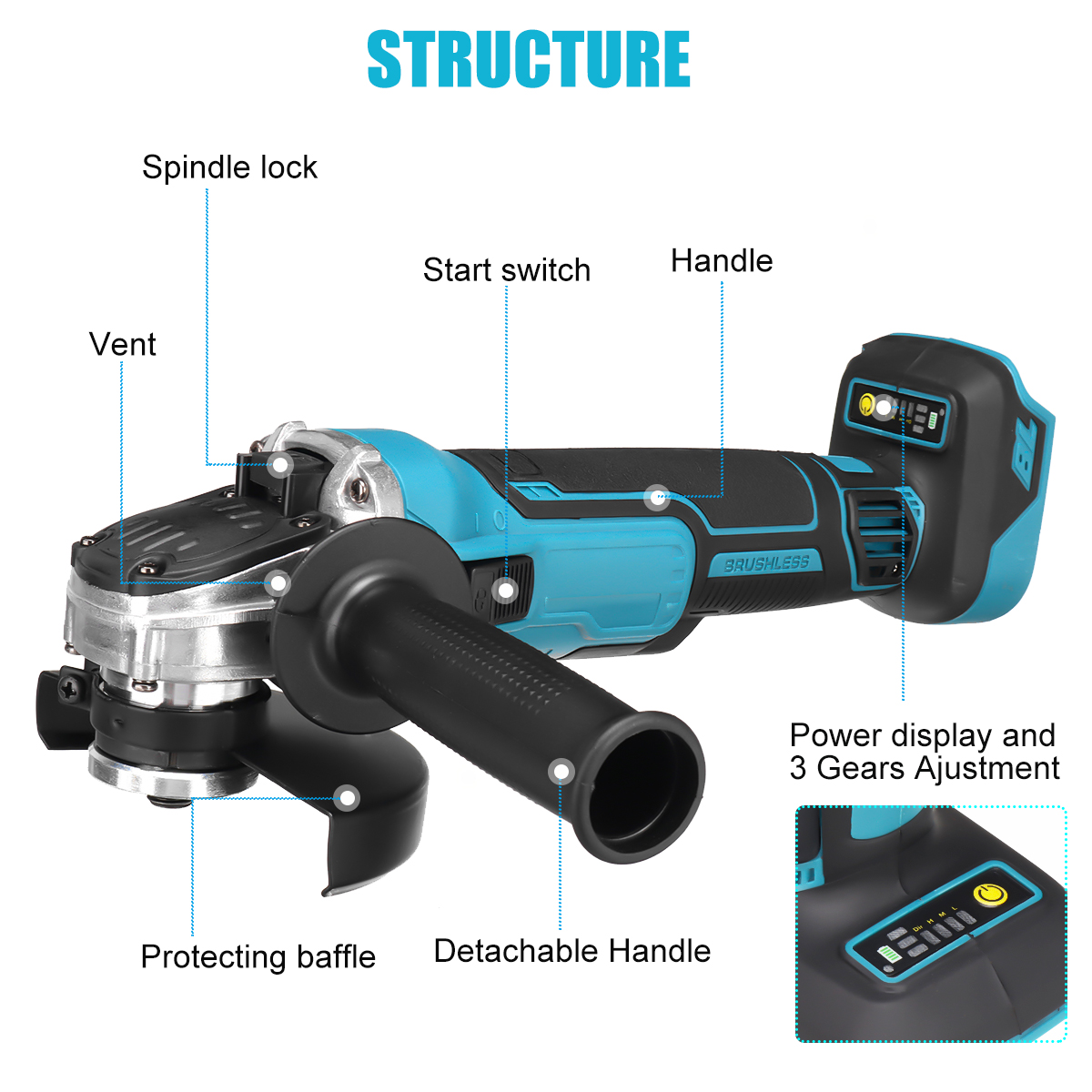 2000W-100125mm-3-Gears-Brushless-Electric-Angle-Grinder-Cordless-Electric-Grinder-Polishing-Machine--1916693-3