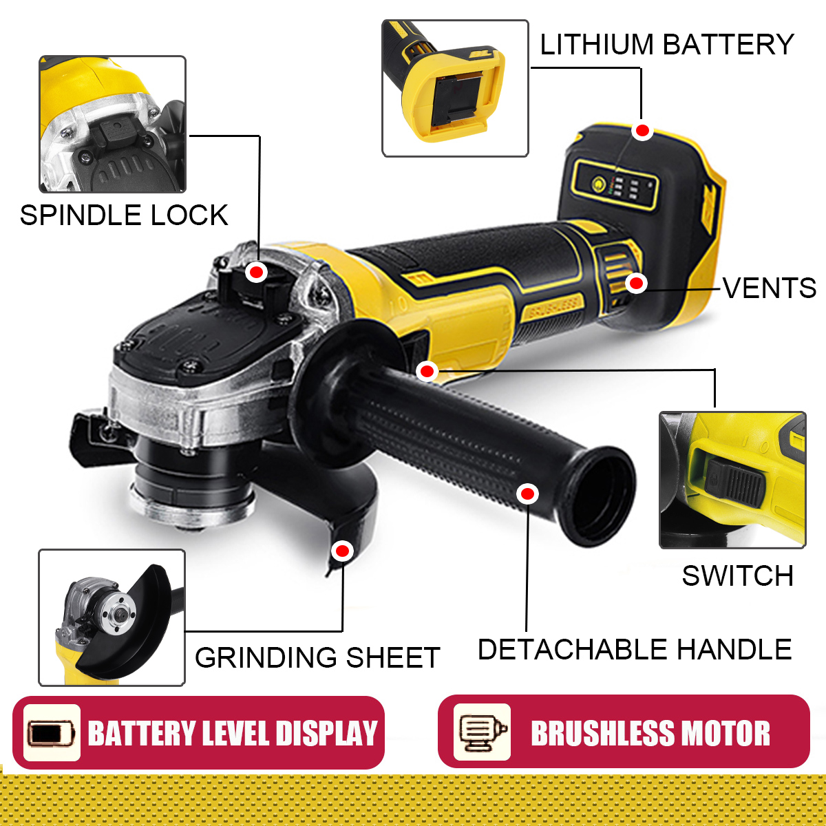 Drillpro-388VF-100mm125mm-Brushless-Angle-Grinder-Wireless-Rechargeable-Wood-Metal-Cutting-Polishing-1874664-7