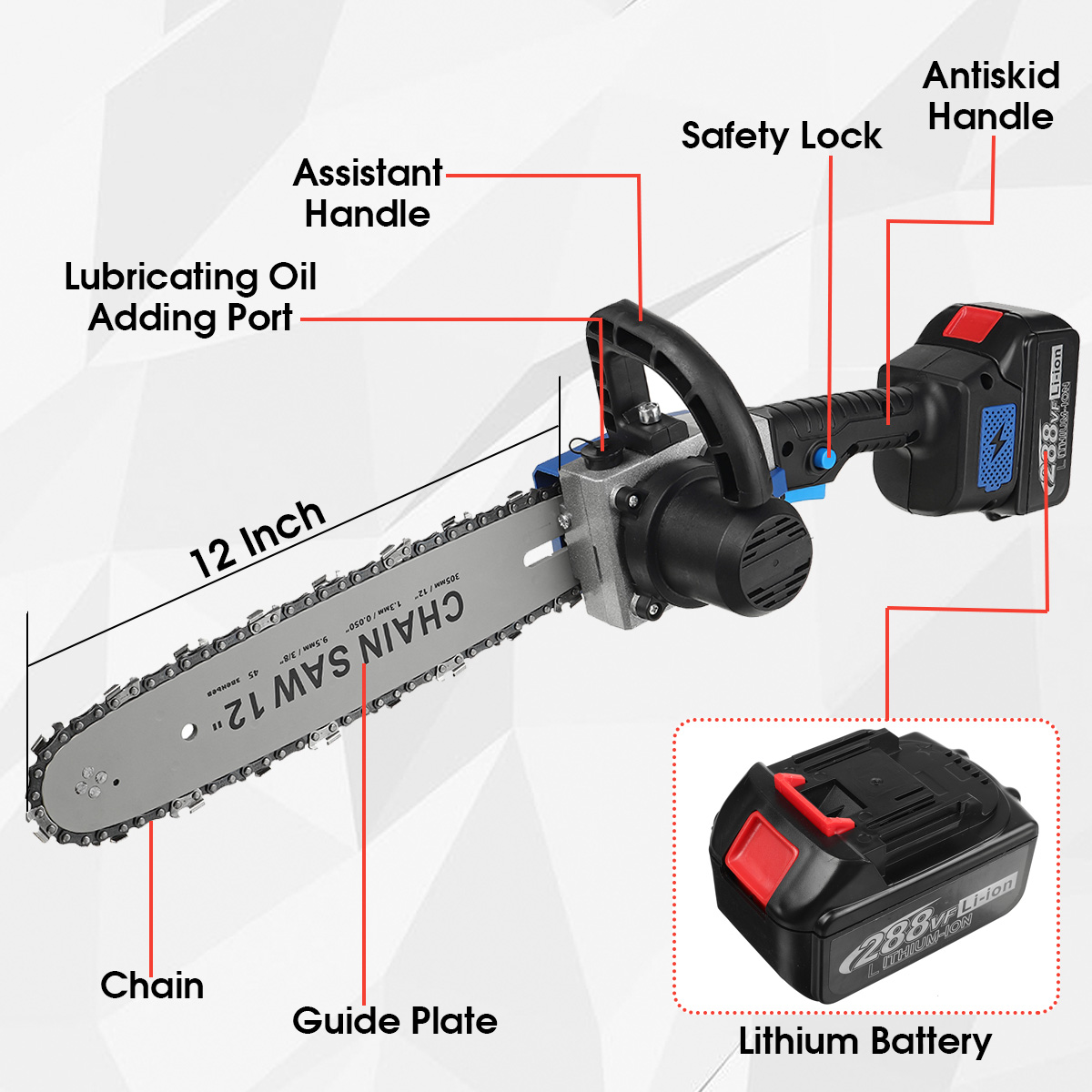 288VF-12quot-Cordless-Electric-Chain-Saw-One-Hand-Saw-Woodworking-Tool-W-12pcs-Battery-1847802-6