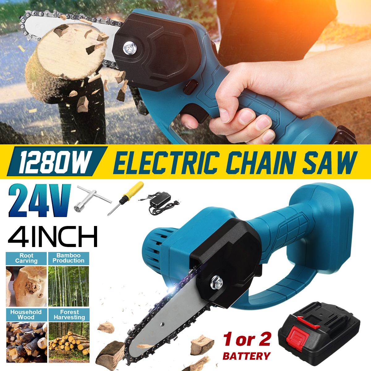 4-Inch-24V-Cordless-Electric-Chainsaw-Protable-Tree-Branch-Wood-Cutting-Saw-W-01pc2pcs-Batteries-1803311-1