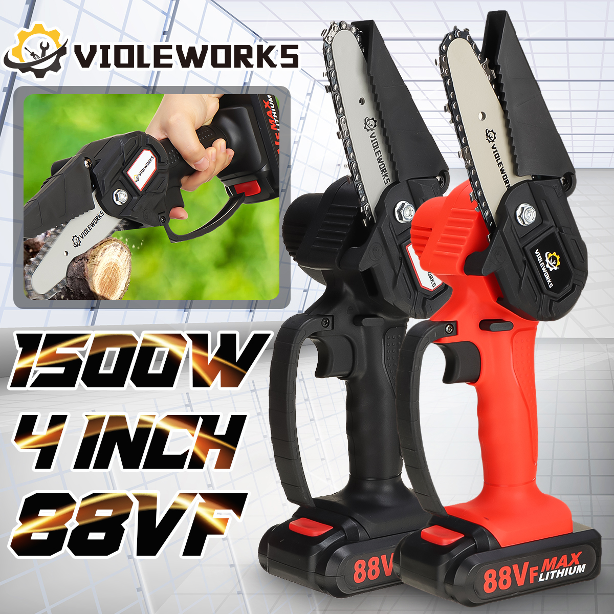 VIOLEWORKS-4-Inch-88VF-Cordless-Electric-Chain-Saw-1500W-One-Hand-Saw-LED-Woodworking-Wood-Cutter-W--1868924-3