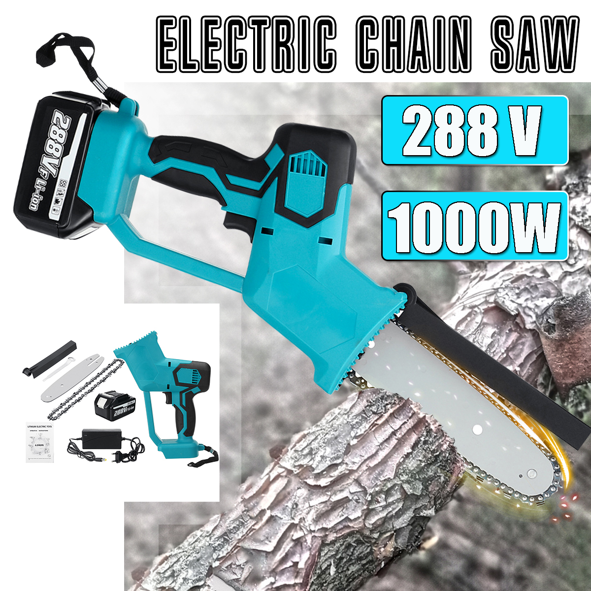 VIOLEWORKS-8inch-21V-1500W-Electric-Cordless-One-Hand-Saw-Chain-Saw-Woodworking-with-Battery-Kit-1764520-1