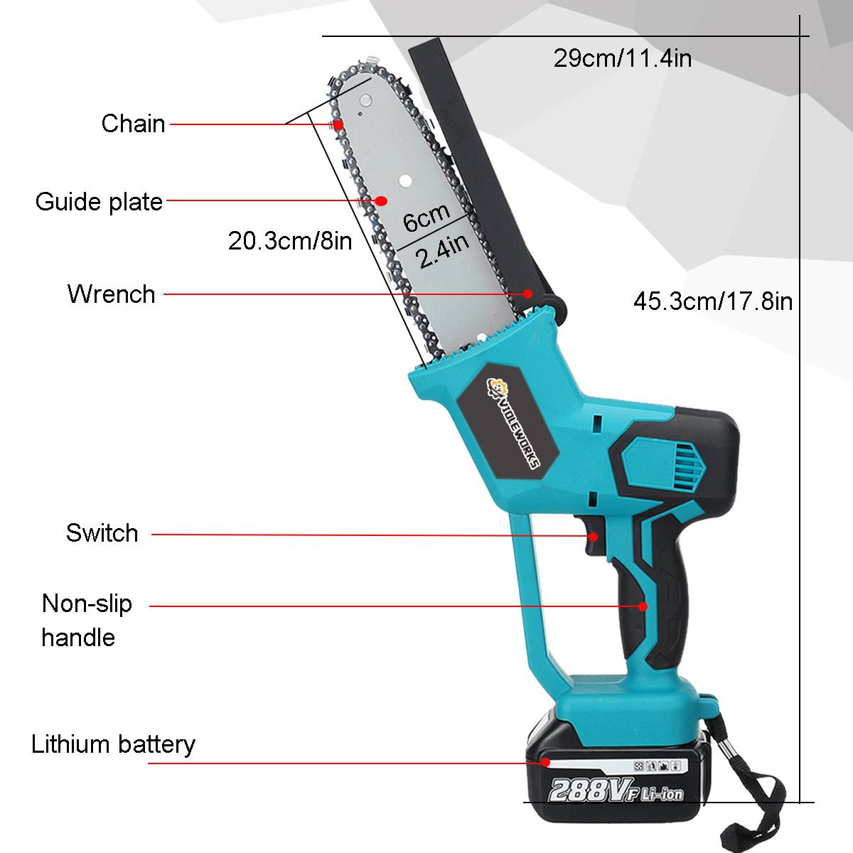 VIOLEWORKS-8inch-21V-1500W-Electric-Cordless-One-Hand-Saw-Chain-Saw-Woodworking-with-Battery-Kit-1764520-2