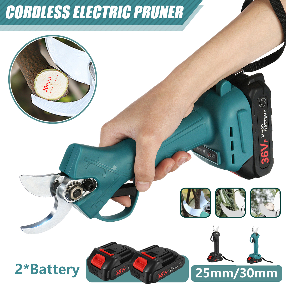 2530mm-Cordless-Electric-Branch-Scissors-Pruning-Shears-Cutter-Tool-Trimmer-W-2pcs-Battery-1814642-1