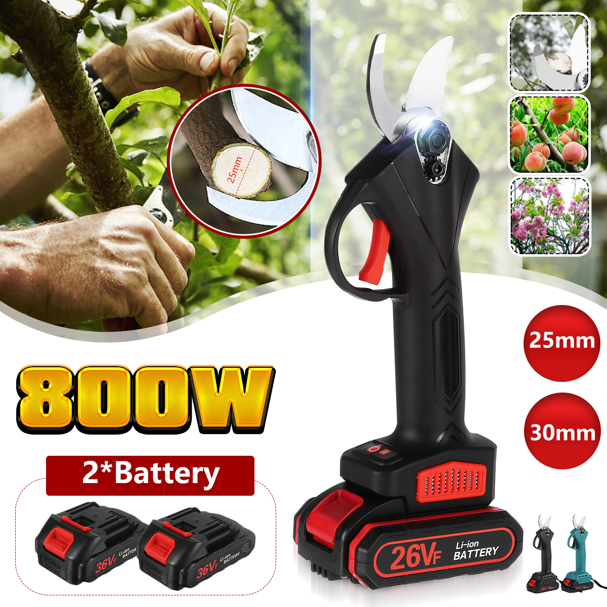 2530mm-Cordless-Electric-Branch-Scissors-Pruning-Shears-Cutter-Tool-Trimmer-W-2pcs-Battery-1814642-2