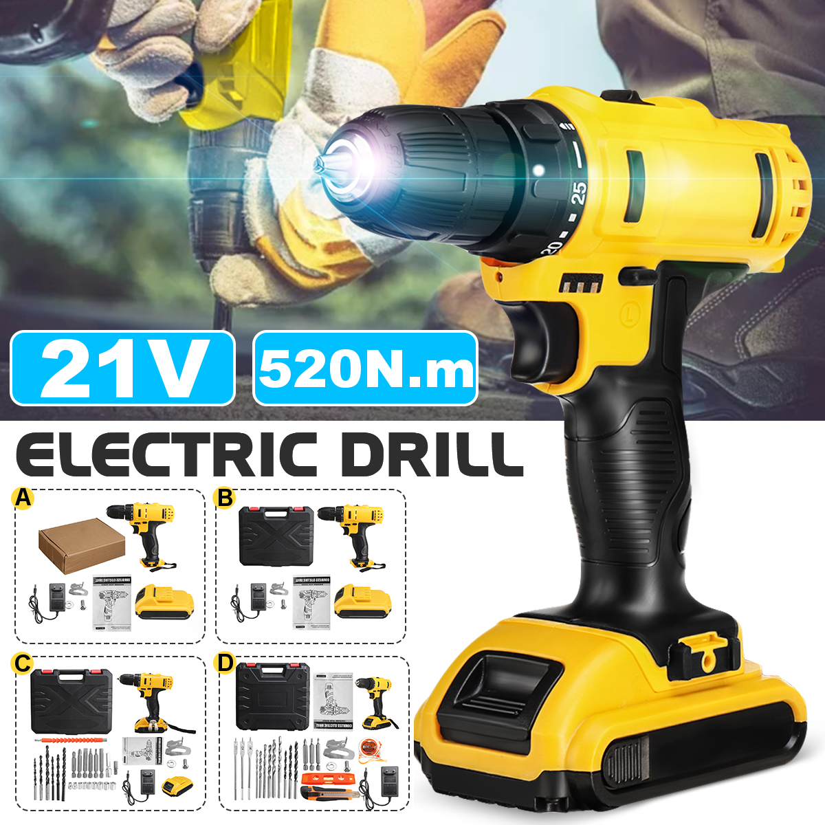 21V-520Nm-Electric-Drill-Cordless-Rechargeable-Screwdriver-Hammer-Drill-Set-w-Battery-1855055-1