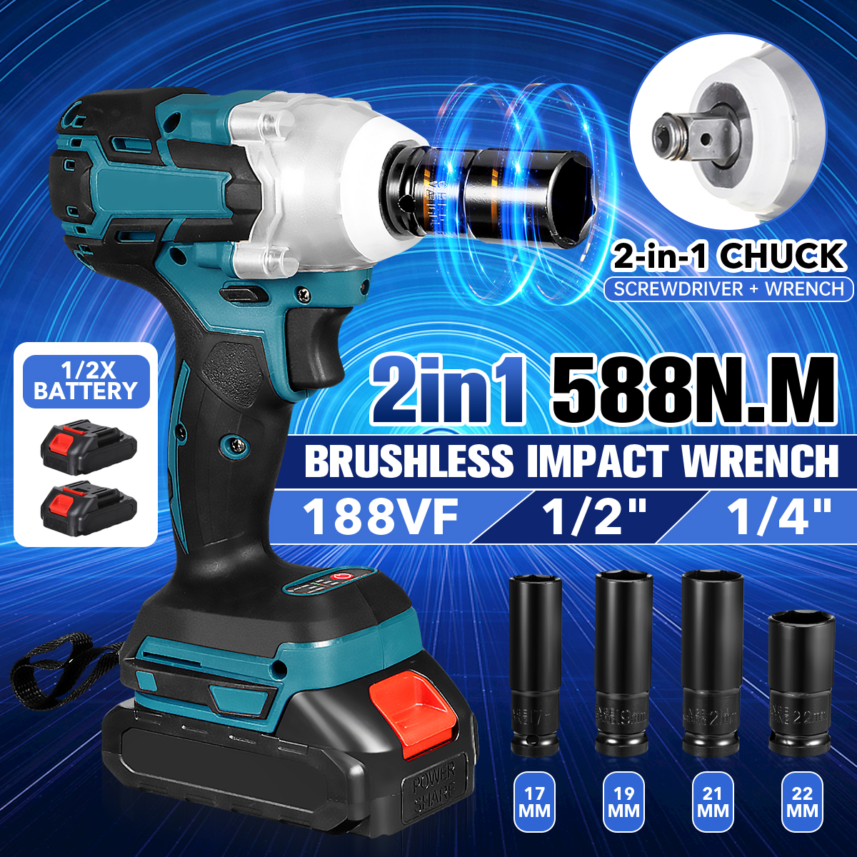2-in-1-188VF-588Nm-Li-Ion-Brushless-Cordless-Electric-12quot-Wrench-14quotScrewdriver-Drill-W-12-Bat-1858198-2