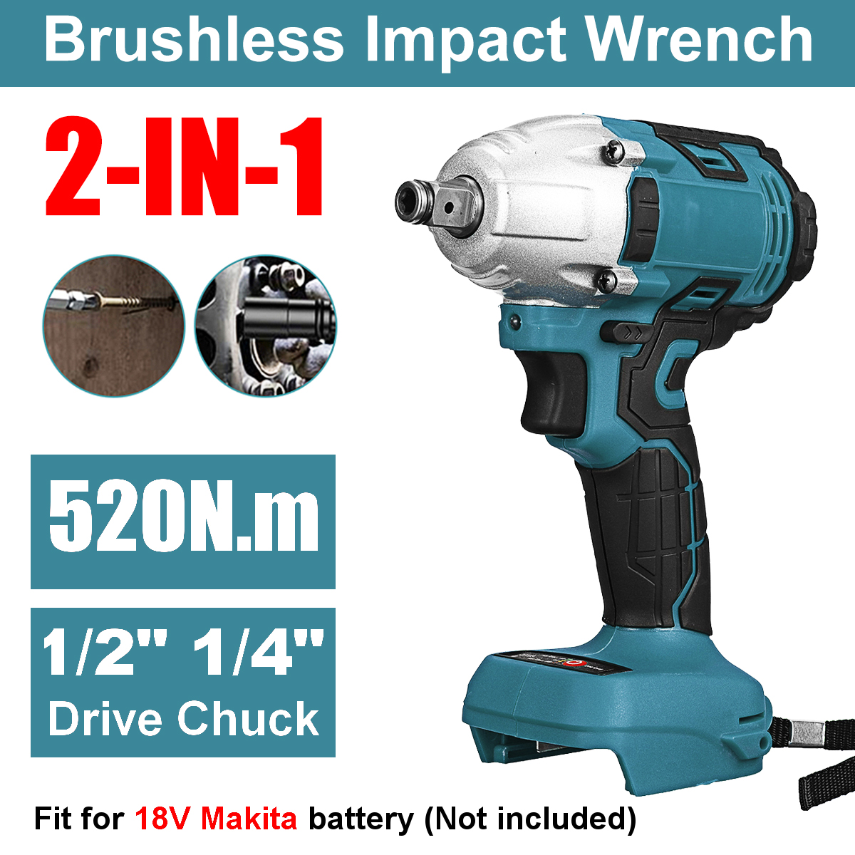2-in1-520Nm-Li-Ion-Brushless-Cordless-Electric-12quot-Wrench-14quotScrewdriver-Drill-for-Makita-18V--1868317-2