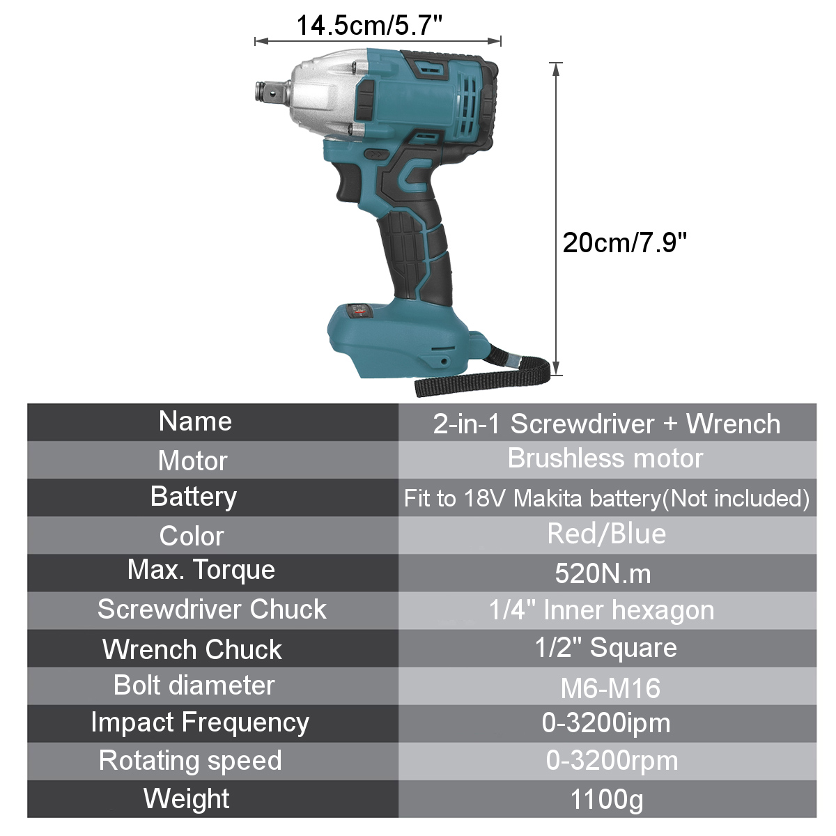2-in1-520Nm-Li-Ion-Brushless-Cordless-Electric-12quot-Wrench-14quotScrewdriver-Drill-for-Makita-18V--1868317-14