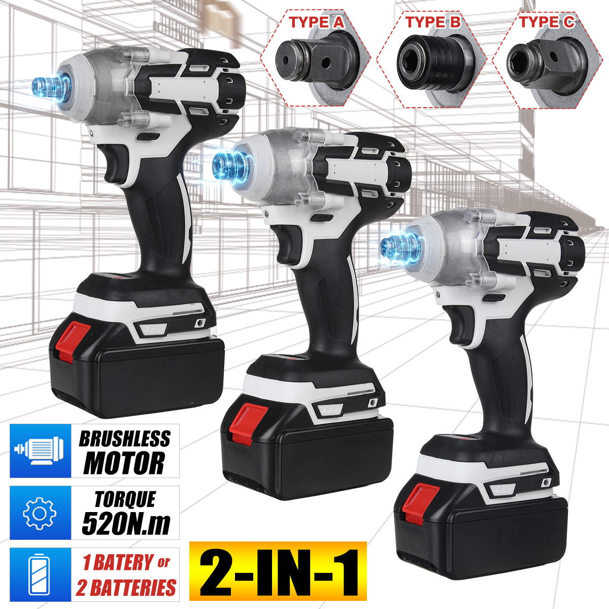 520Nm-Brushless-Cordless-Electric-Impact-Wrench-Screwdriver-Power-Tools-w-12pcs-Battery-1818080-1