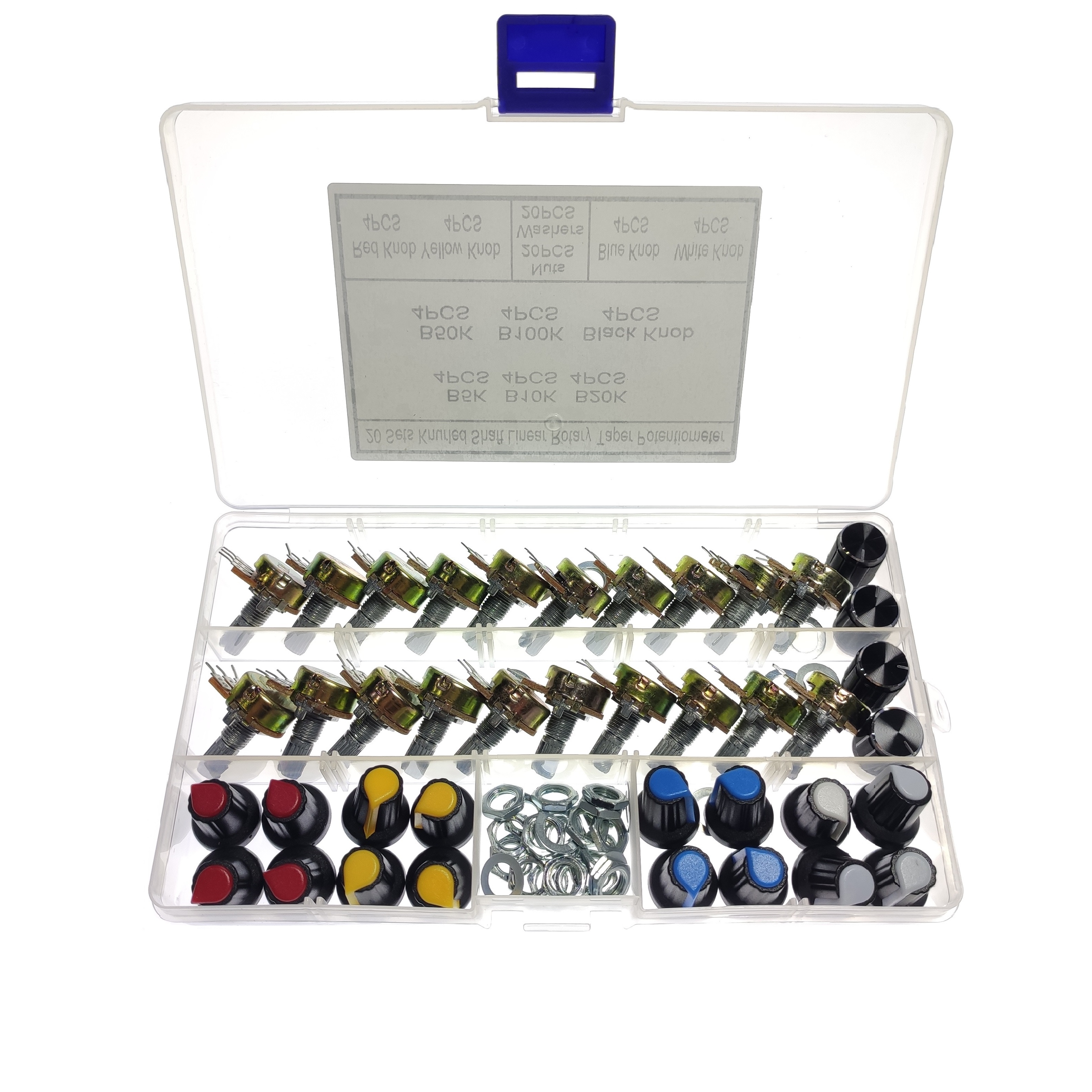 20PCS-Single-Potentiometer-B5k10k20k50k100k-Black-White-Blue-Red-And-Yellow-Knob-Cap-Set-Boxed-Knurl-1871205-1