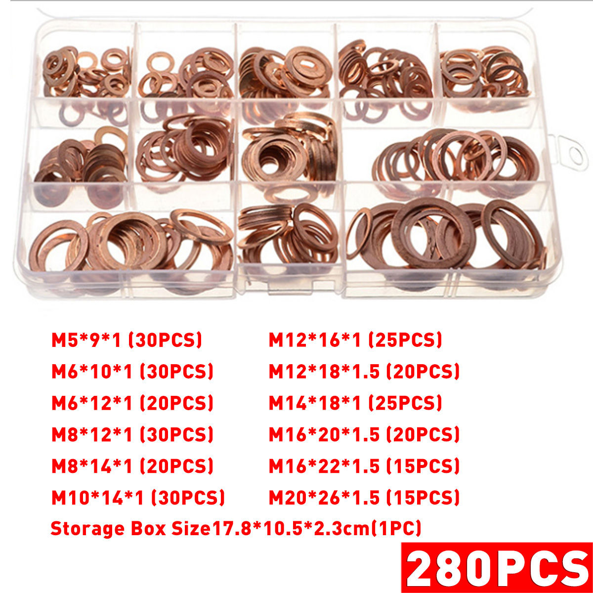 280Pcs-12-Sizes-Assorted-Crush-Copper-Washer-Gasket-Set-Flat-Ring-Seal-Kit-Tools-1762956-2