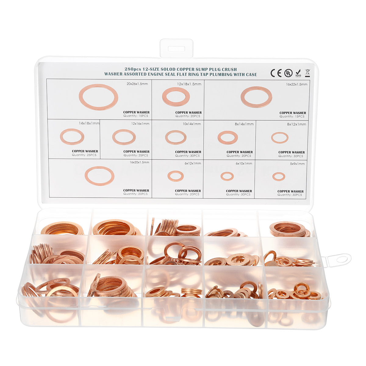 280Pcs-12-Sizes-Assorted-Crush-Copper-Washer-Gasket-Set-Flat-Ring-Seal-Kit-Tools-1762956-4