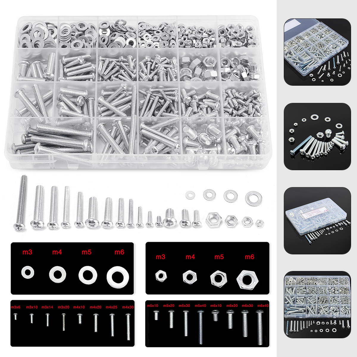 M3-M4-M5-M6-Stainless-Steel-Phillips-Round-Head-Screws-Nuts-Flat-Washers-Assortment-Kit-900g-1194476-2
