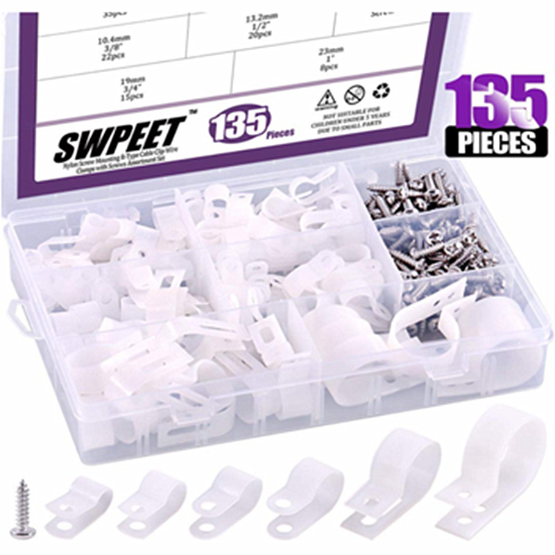 Suleve-135Pcs-Cable-Clamp-BlackWhite-Nylon-Plastic-R-Type-Cable-Clamps-Screws-Assortment-Kit-1687513-1