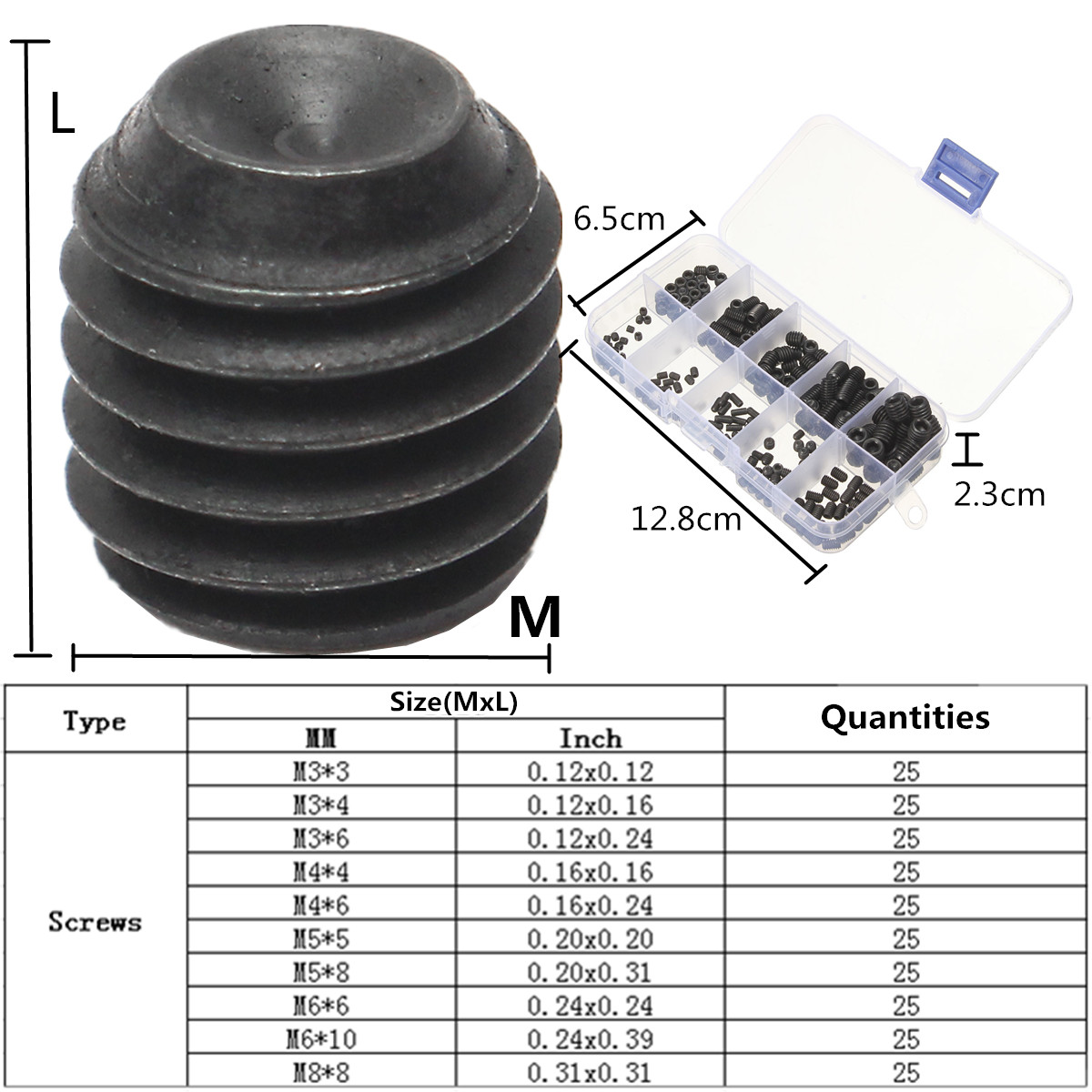 Sulevetrade-MXAS1-250Pcs-Head-Socket-Hex-Set-Grub-Screw-Cup-Point-Alloy-Steel-Assortment-With-Case-1129439-2