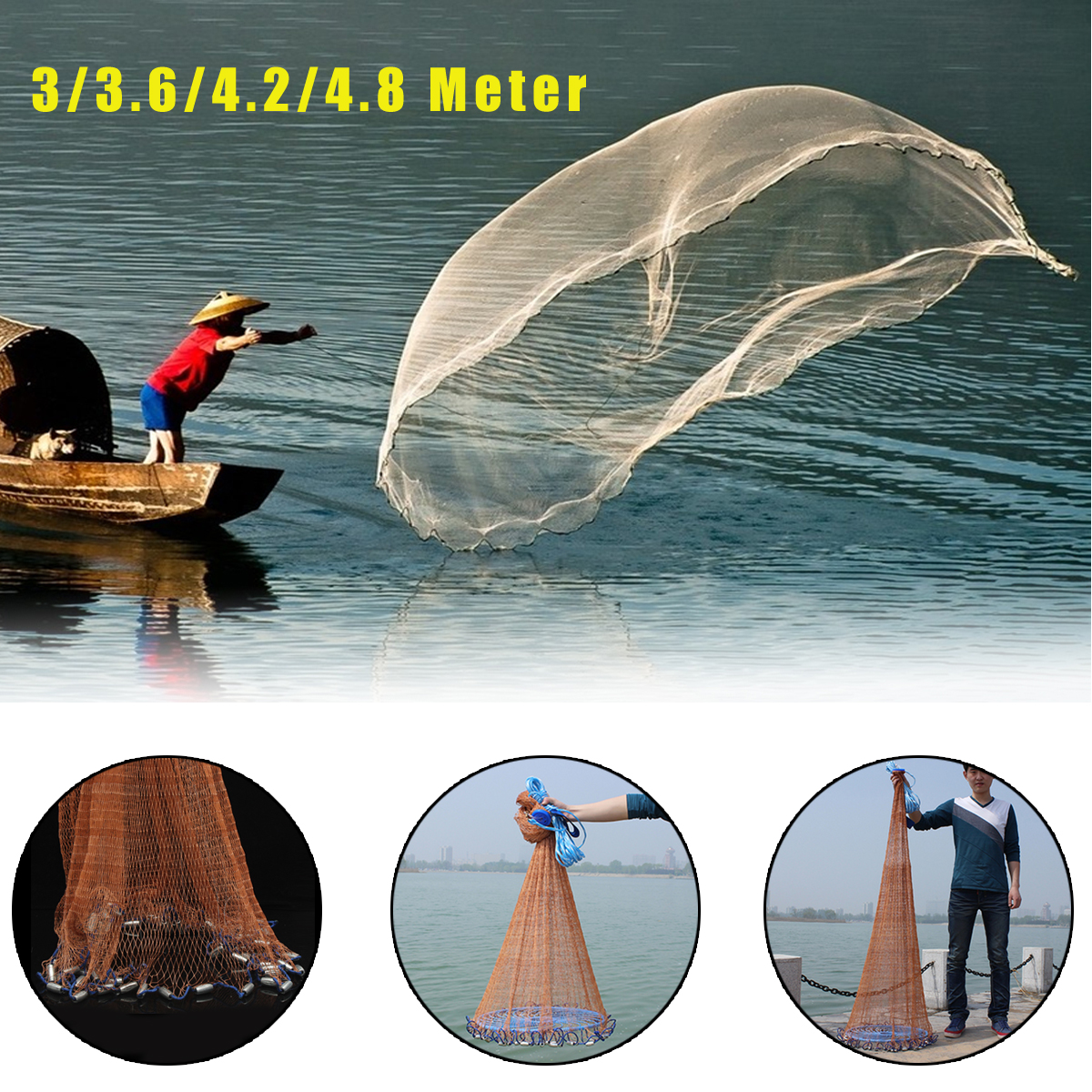 3-48m-Netting-TwineSteel-Hand-Throw-Cast-Net-American-Style-Brown-Bait-Fishing-Network-wSinker-1259500-1