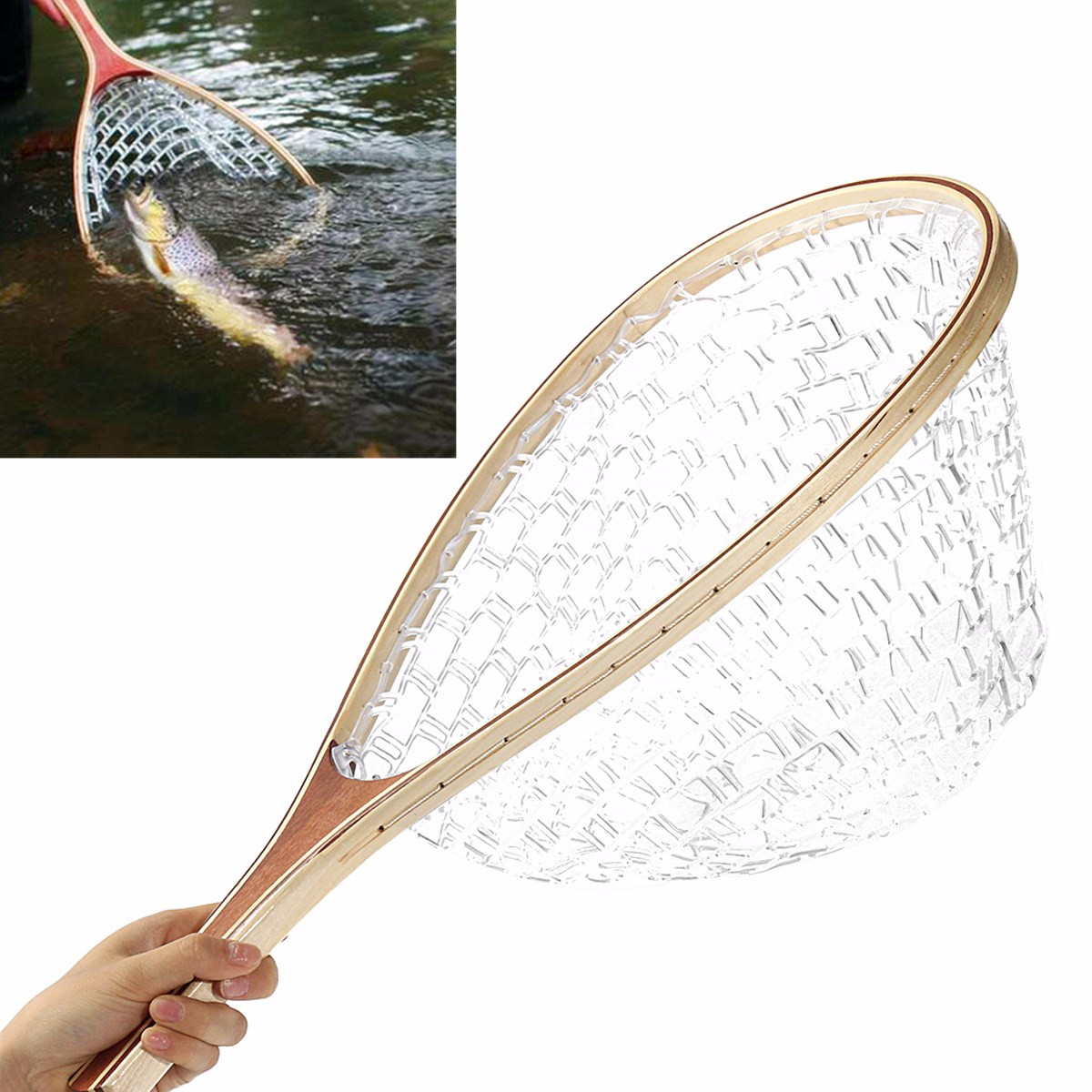 58CM-Wooden-Handle-Fly-Fish-Fishing-Landing-Trout-Clear-Rubber-Net-Mesh-Catch-Tackle-1097230-1