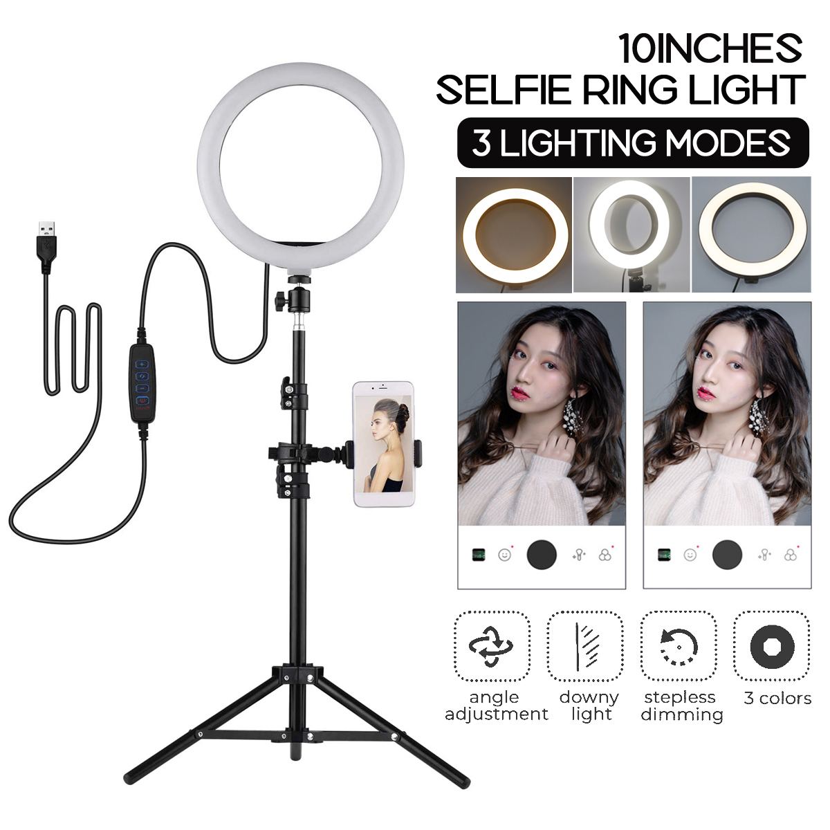 10-Inch-Selfie-Ring-Light-Kit-3-Lighting-Modes-USB-Powered-with-Phone-Holder-1727363-1