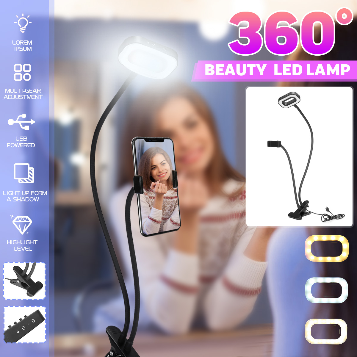 2-in-1-Cell-Phone-Holder-with-LED-Selfie-Ring-Light-for-Live-Stream-Phone-Clip-Holder-Adjustable-Des-1698954-1