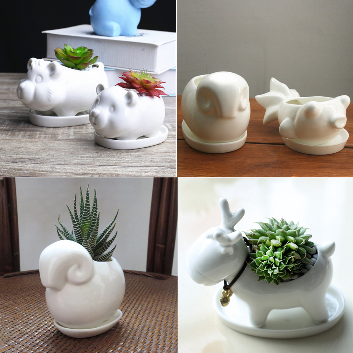 Rabbit-Ceramic-Flower-Pot-Planter-Outdoor-Indoor-Decoration-with-Round-Tray-1454876-1