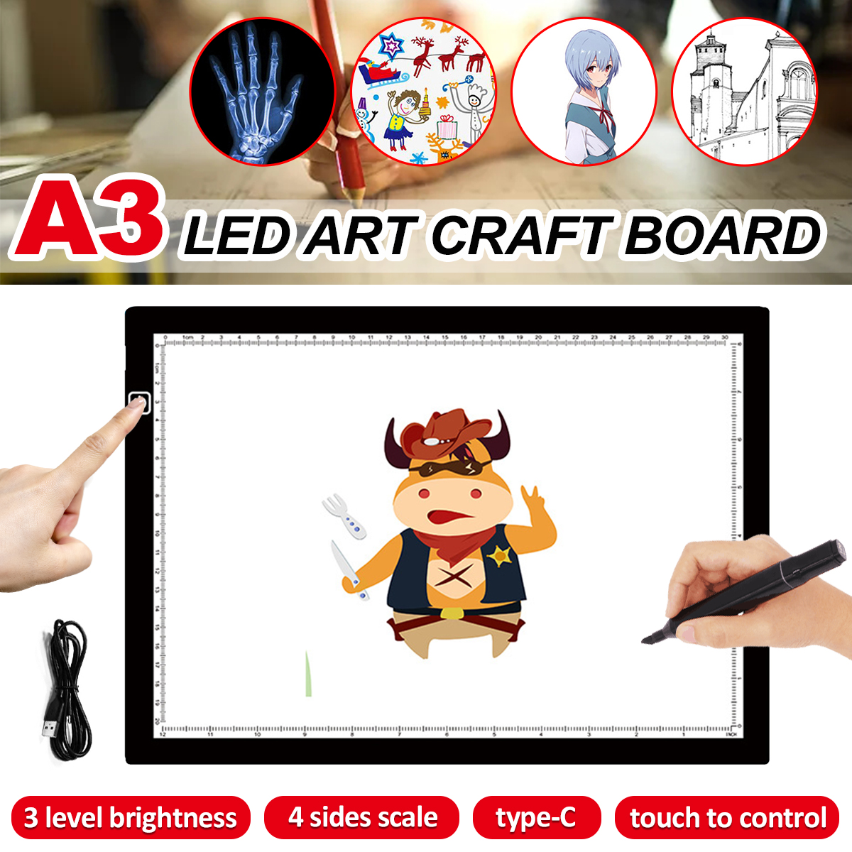 A3-LED-Artist-Tattoo-Art-Stencil-Board-Wired-12W-3-Level-Adjustable-Brightness-Light-Box-Table-Traci-1962929-12