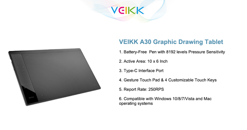 VEIKK-A30-10x6-Inch-Work-Area-Graphics-Drawing-Tablet-with-8192-Levels-Battery-Free-Pen-4-Touch-Keys-1849094-1