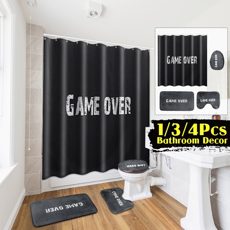 134PCS-Black-Waterproof-Bathroom-Shower-Curtain-Toilet-Cover-Mat-Non-Slip-Rug-Set-1634120-1