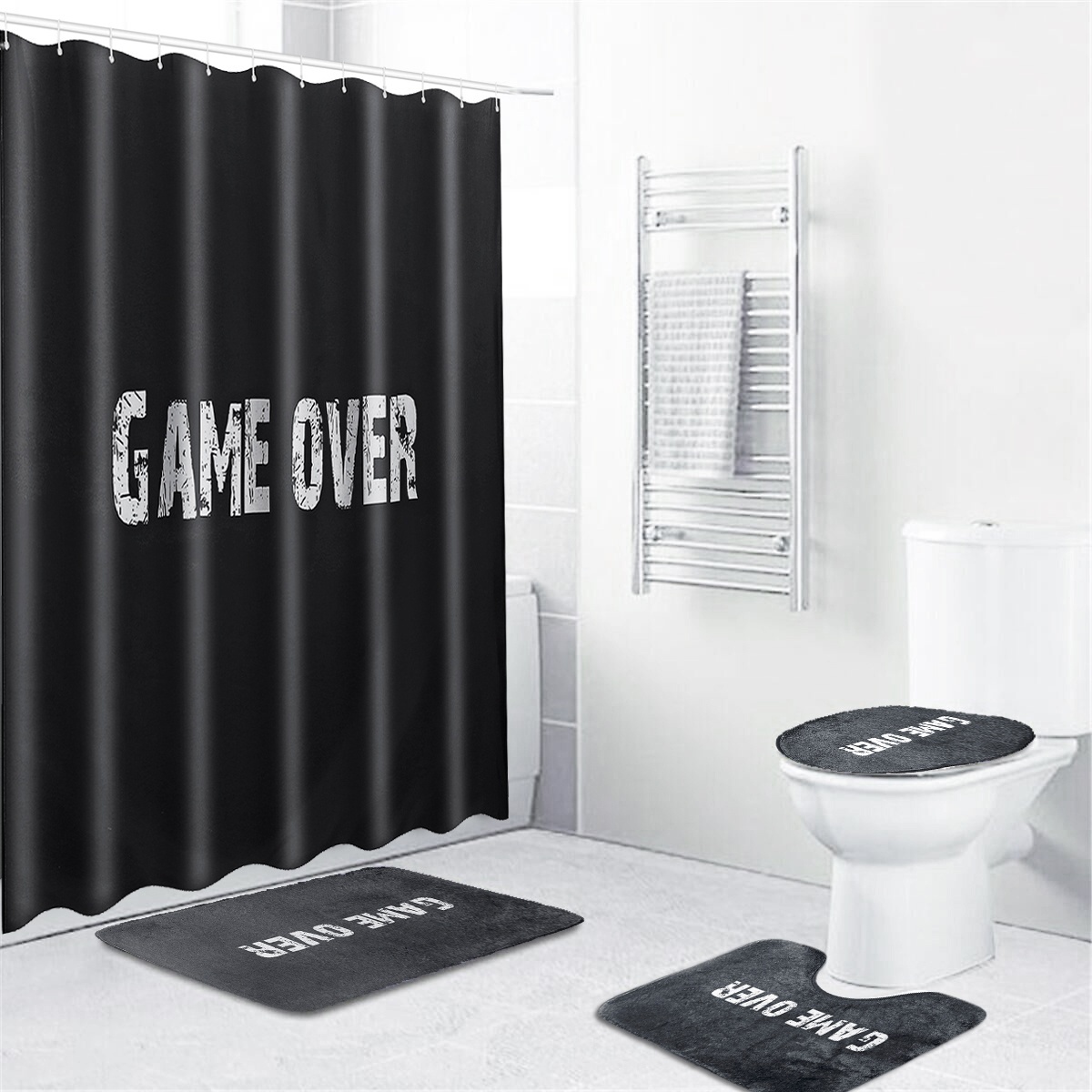 134PCS-Black-Waterproof-Bathroom-Shower-Curtain-Toilet-Cover-Mat-Non-Slip-Rug-Set-1634120-2