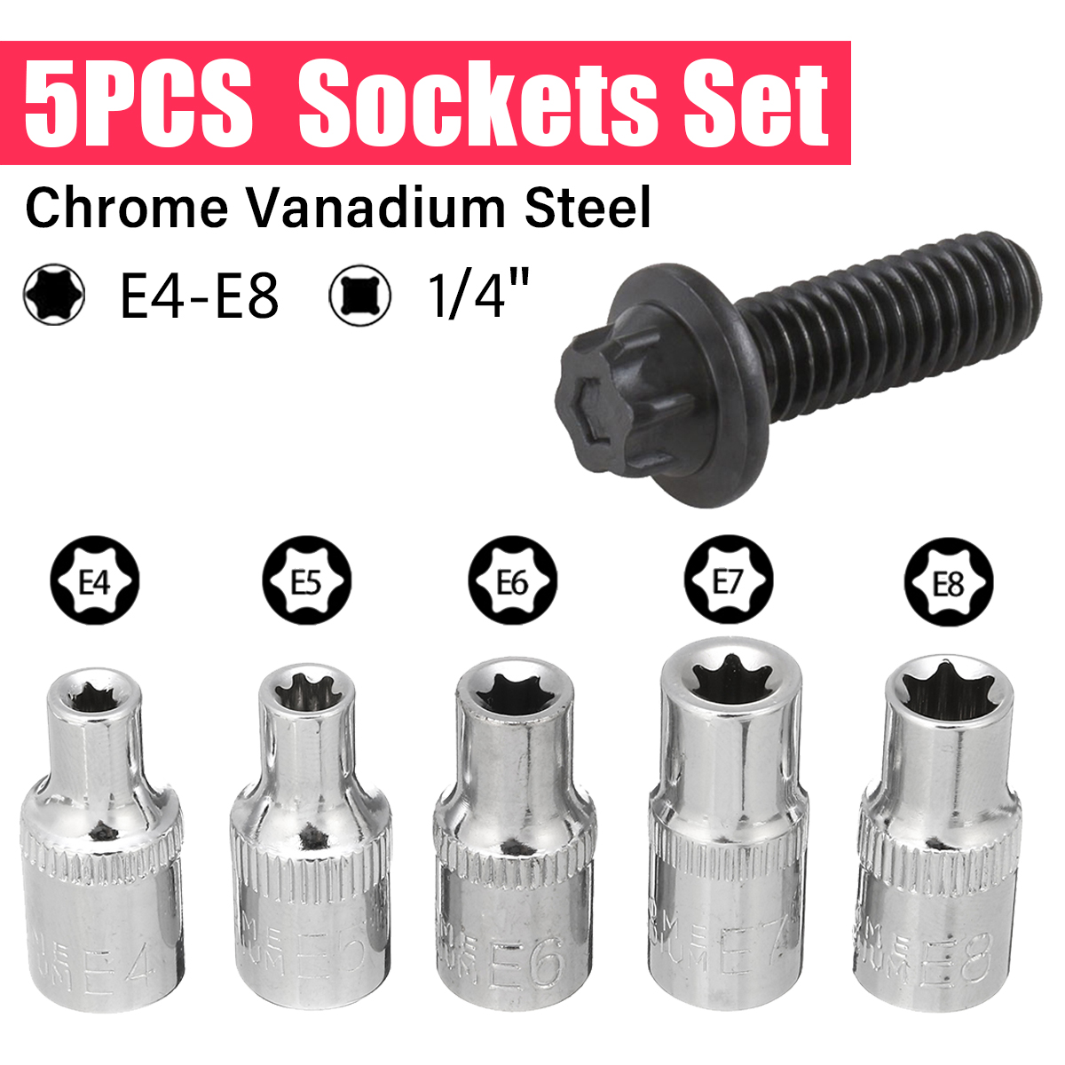 5PCS-Socket-Wrench-Kit-14-Inch-Drive-Auto-Repair-Sleeve-Set-E4-E8-E-type-Post-Socket-1558227-1