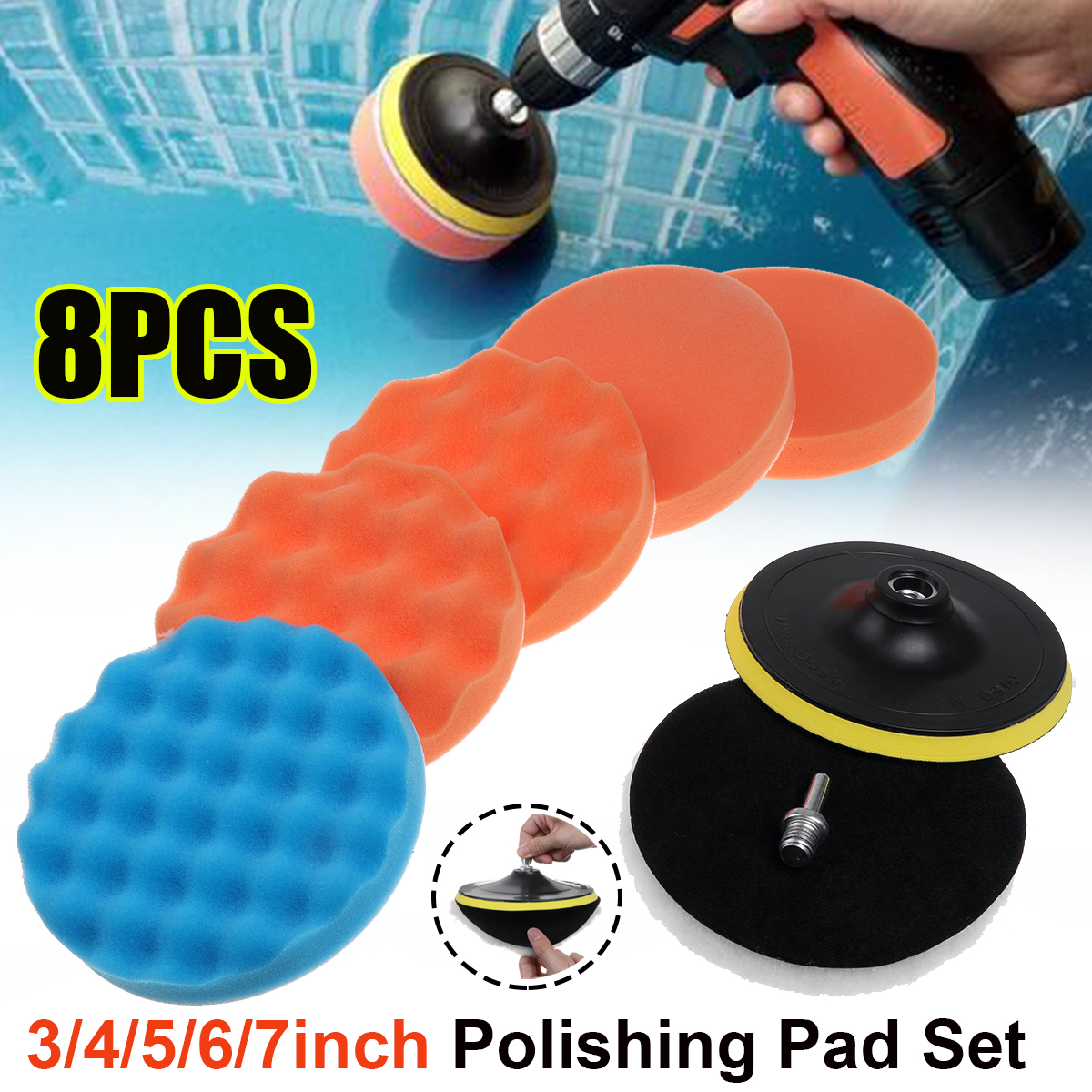 8pcs-34567-Inch-Car-Polishing-Buffing-Pad-with-Drill-Adapter-Hand-Buffer-Set-1722542-1