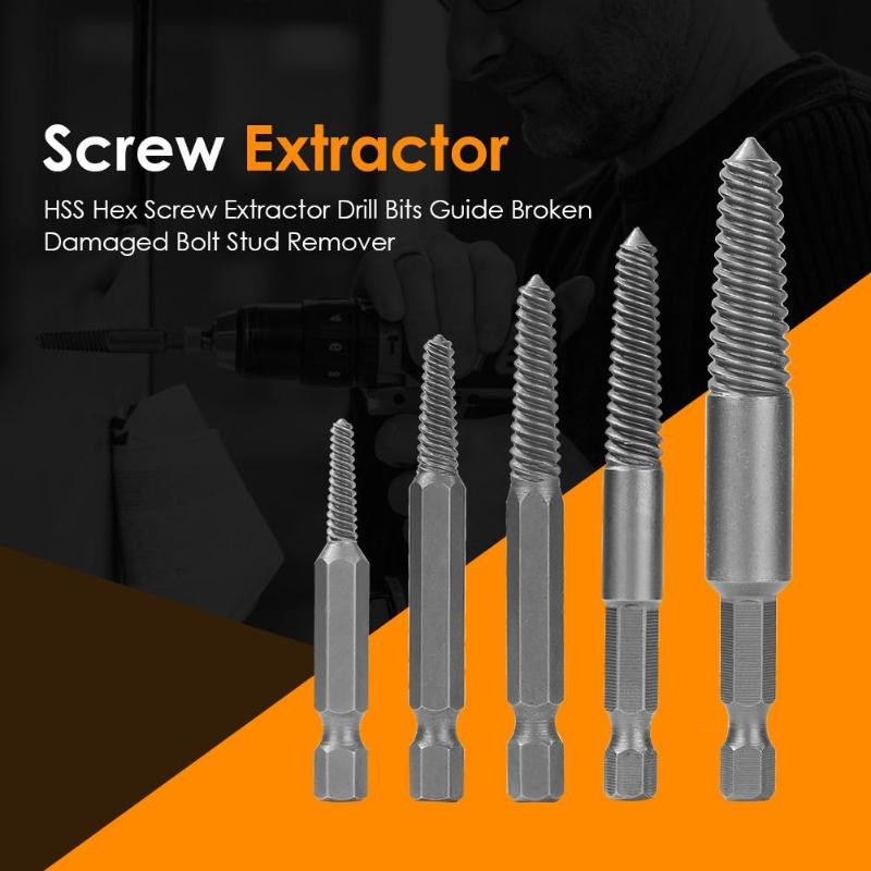 Drillpro-5Pcs-Hex-Shank-CoarseFine-Teeth-Damaged-Bolt-Remover-Screw-Extractor-Drill-Bit-Guide-Broken-1592525-2
