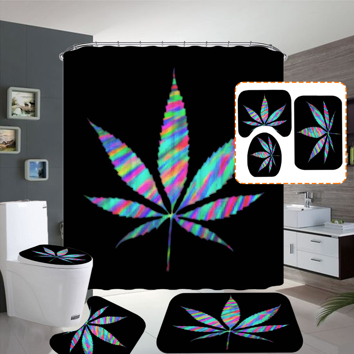 Bakeey-Plant-Leaves-Printed-Curtain-For-Bathroom-Shower-Anti-slip-Bath-Mat-Sets-Toilet-Cover-Kitchen-1638639-1