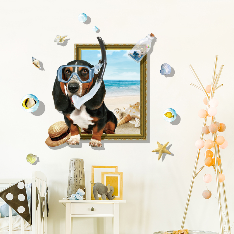 Miico-Creative-3D-Cartoon-Summer-Diving-Dog-Frame-PVC-Removable-Home-Room-Decor-Sticker-1300671-2