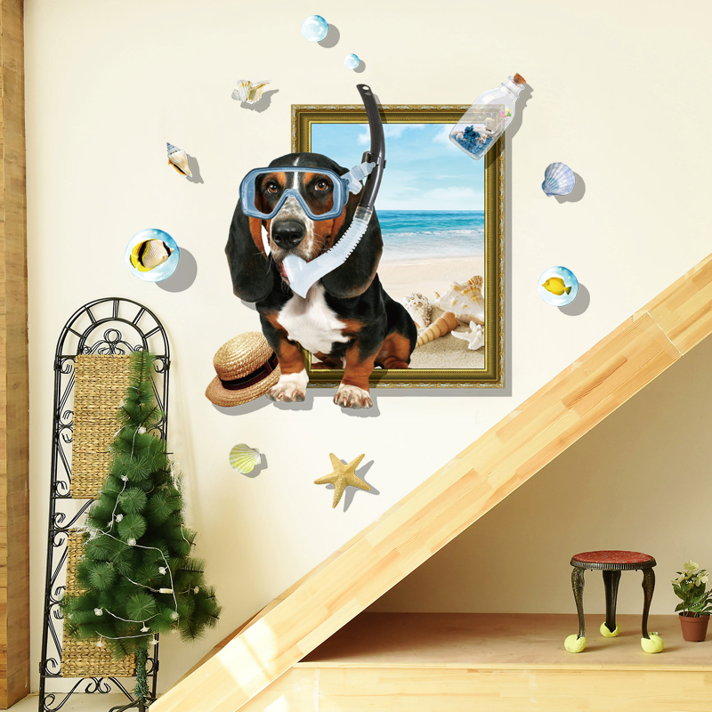 Miico-Creative-3D-Cartoon-Summer-Diving-Dog-Frame-PVC-Removable-Home-Room-Decor-Sticker-1300671-3