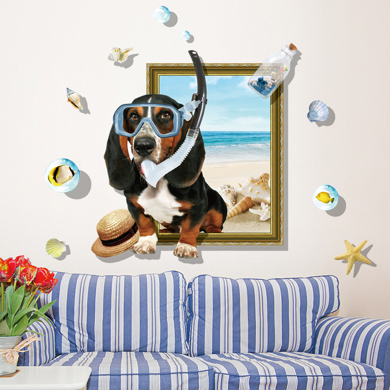 Miico-Creative-3D-Cartoon-Summer-Diving-Dog-Frame-PVC-Removable-Home-Room-Decor-Sticker-1300671-4