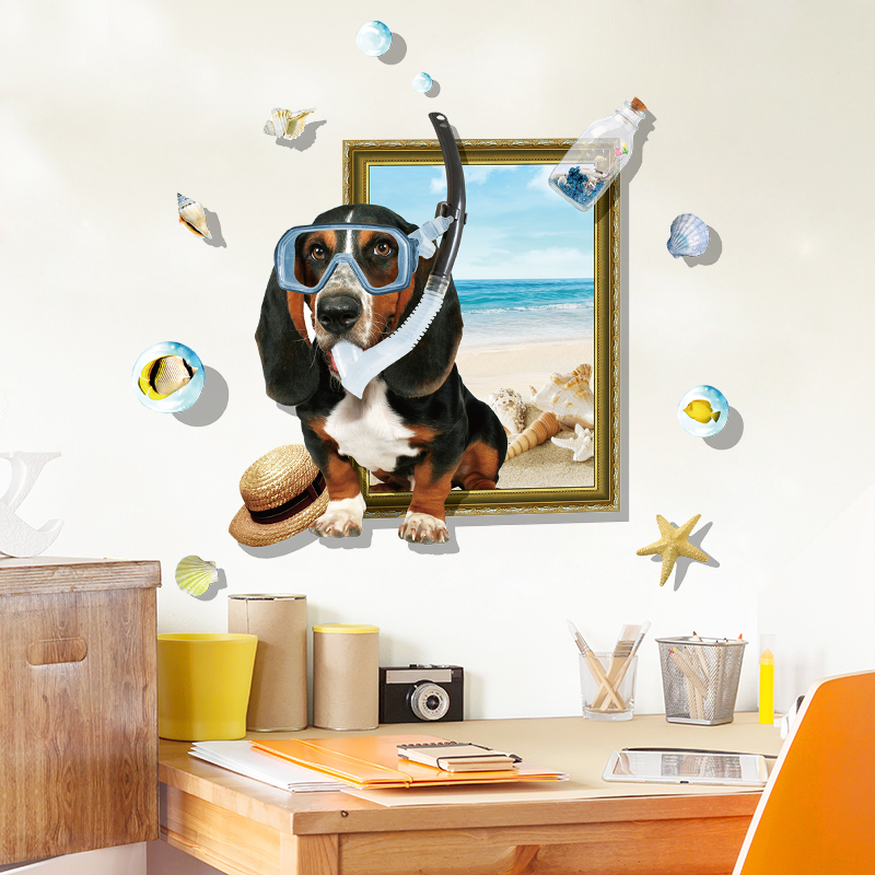 Miico-Creative-3D-Cartoon-Summer-Diving-Dog-Frame-PVC-Removable-Home-Room-Decor-Sticker-1300671-6