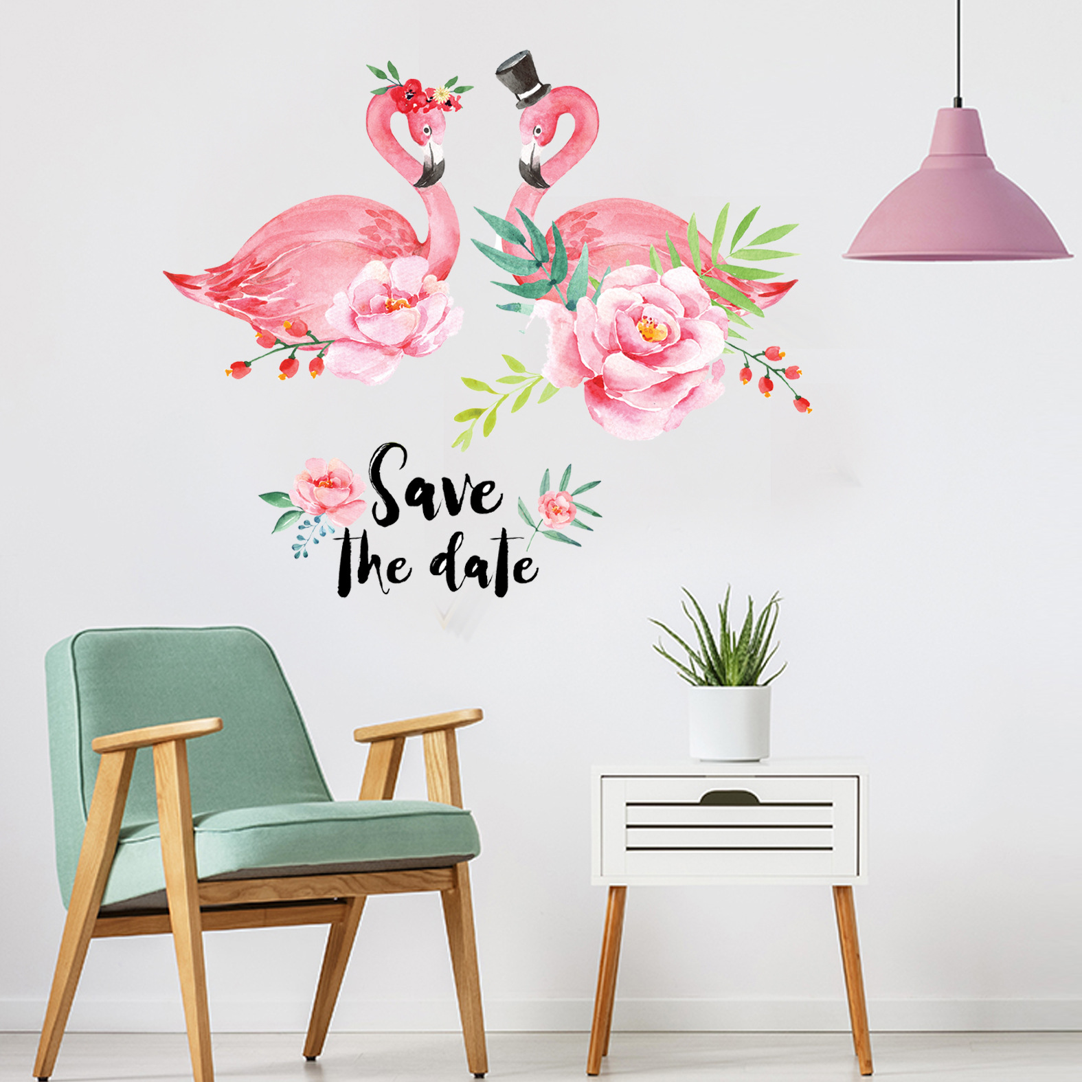 Miico-Creative-Pink-Love-Couple-Flamingo-Flower-PVC-Removable-Home-Room-Decorative-Decor-Sticker-1300666-2