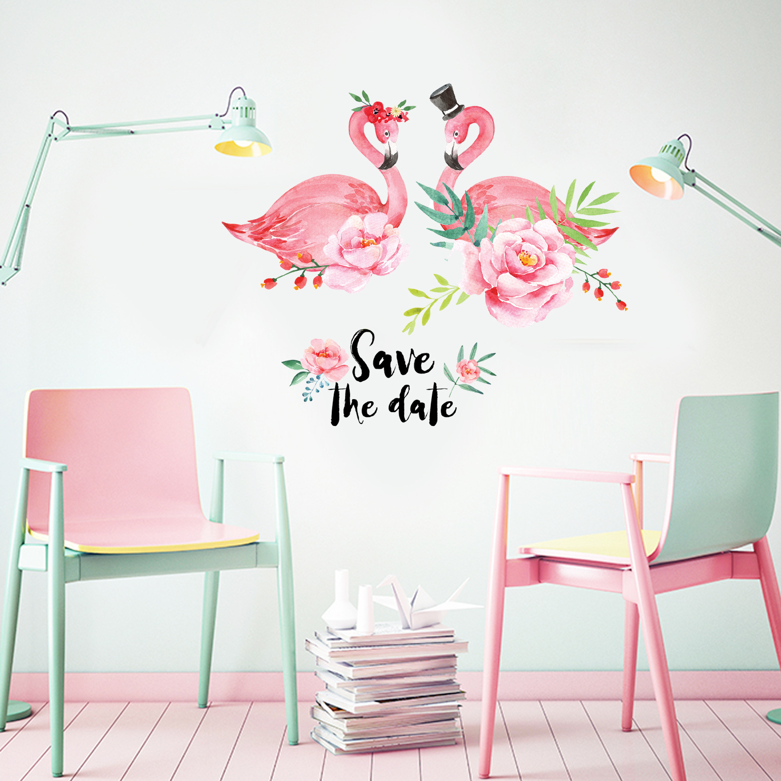 Miico-Creative-Pink-Love-Couple-Flamingo-Flower-PVC-Removable-Home-Room-Decorative-Decor-Sticker-1300666-5