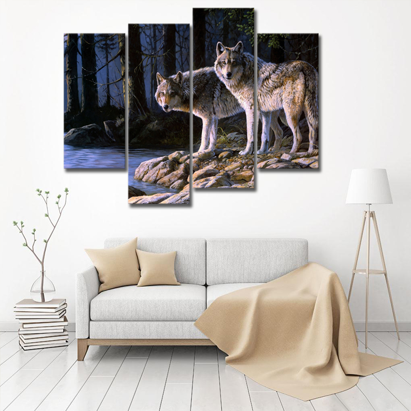 Miico-Hand-Painted-Four-Combination-Decorative-Paintings-Two-W-olves-Wall-Art-For-Home-Decoration-1547432-1