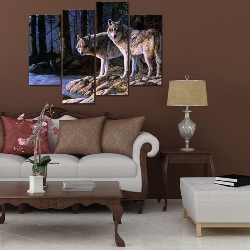 Miico-Hand-Painted-Four-Combination-Decorative-Paintings-Two-W-olves-Wall-Art-For-Home-Decoration-1547432-2